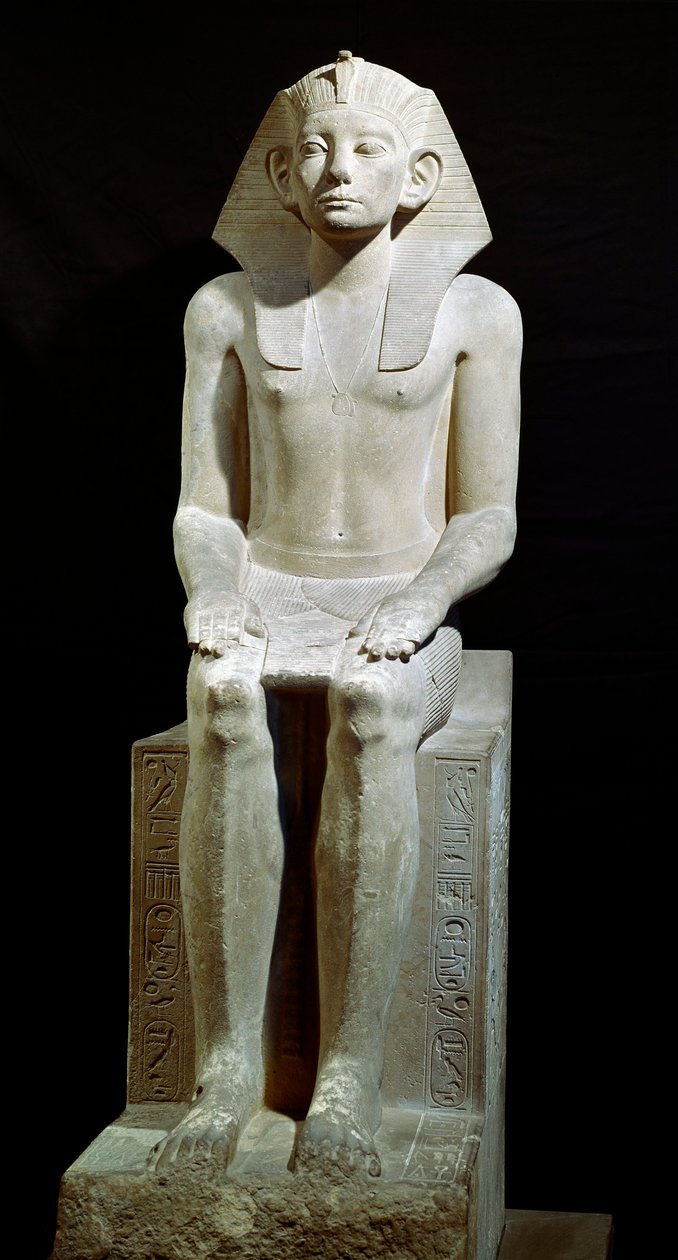 Starożytność egipska: wapienny posąg faraona Amenemheta (Amenemhata) III. XII dynastia. 1910 pne. Z Hawary. Ciemny. 160 cm Kair, Muzeum Egipskie autorstwa Egyptian 12th Dynasty