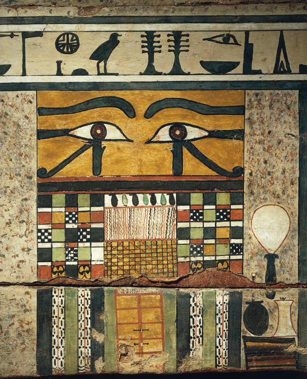 Detal panelu z apotropaicznymi oczami nad zamkniętymi drzwiami, symbolizującymi przejście do świata podziemnego, z Sarkofagu Irinimenpu autorstwa Egyptian 12th Dynasty