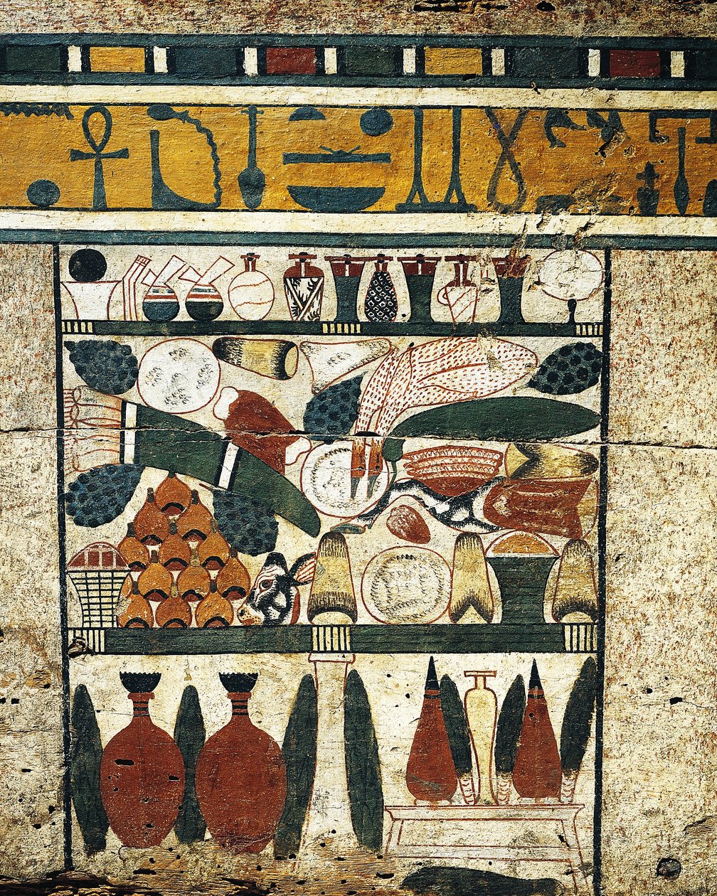 Otynkowany, pomalowany drewniany panel ze stosem ofiar pogrzebowych, z Sarkofagu Ibi autorstwa Egyptian 17th Dynasty