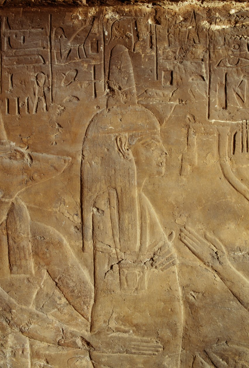Anubis trzymający mumię, relief z grobowca Mai, mokrej pielęgniarki Tutanchamona, Sakkara, Egipt, cywilizacja egipska, Nowe Państwo, XVIII dynastia, detal autorstwa Egyptian 18th Dynasty