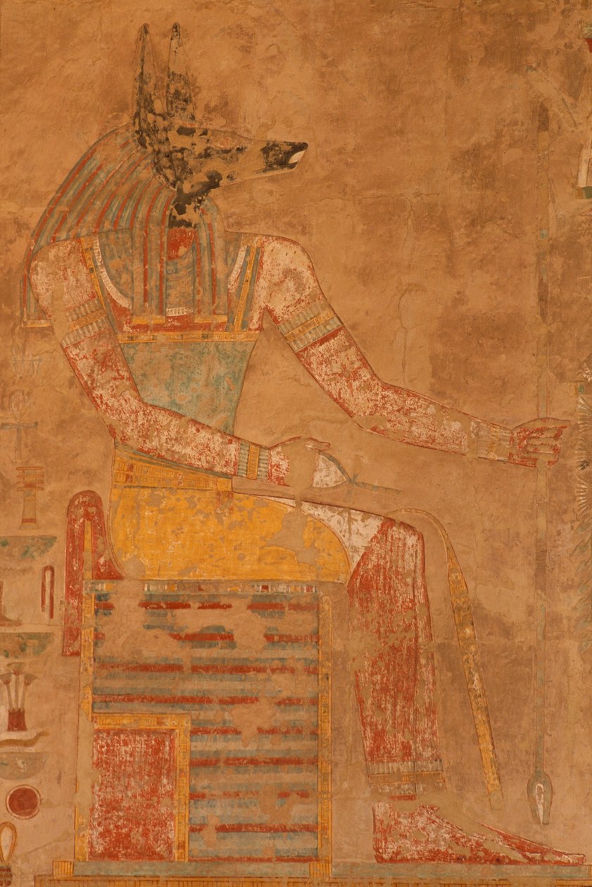 Anubis, bóg śmierci ze świątyni grobowej królowej Hatszepsut (ok. 1503-1482 pne) (malowany wapień) autorstwa Egyptian 18th Dynasty