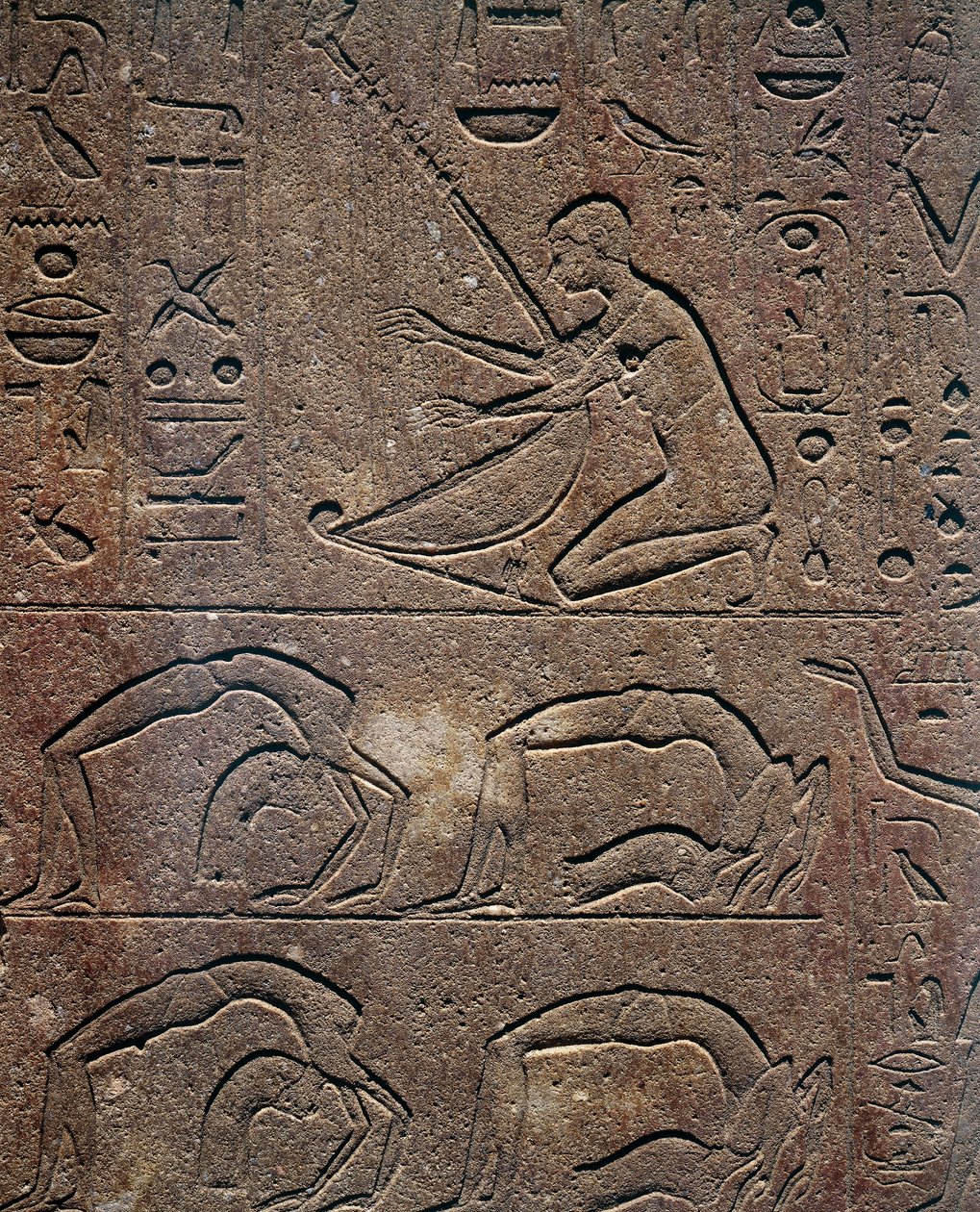Uroczystości z harfistą i akrobatami, relief, Czerwona Kaplica Hatszepsut, rekonstrukcja wystawiona w Muzeum w Karnaku, cywilizacja egipska, Nowe Państwo, XVIII dynastia autorstwa Egyptian 18th Dynasty