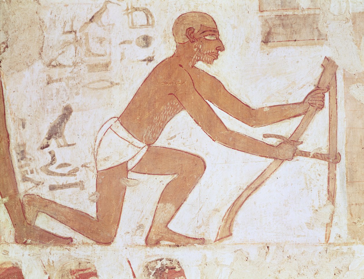 Budowa ściany, fragment mężczyzny z motyką, z grobowca Rechmira, wezyra Totmesa III i Amenhotepa II, Nowe Państwo (malowidło ścienne) (fragment z 157750) autorstwa Egyptian 18th Dynasty