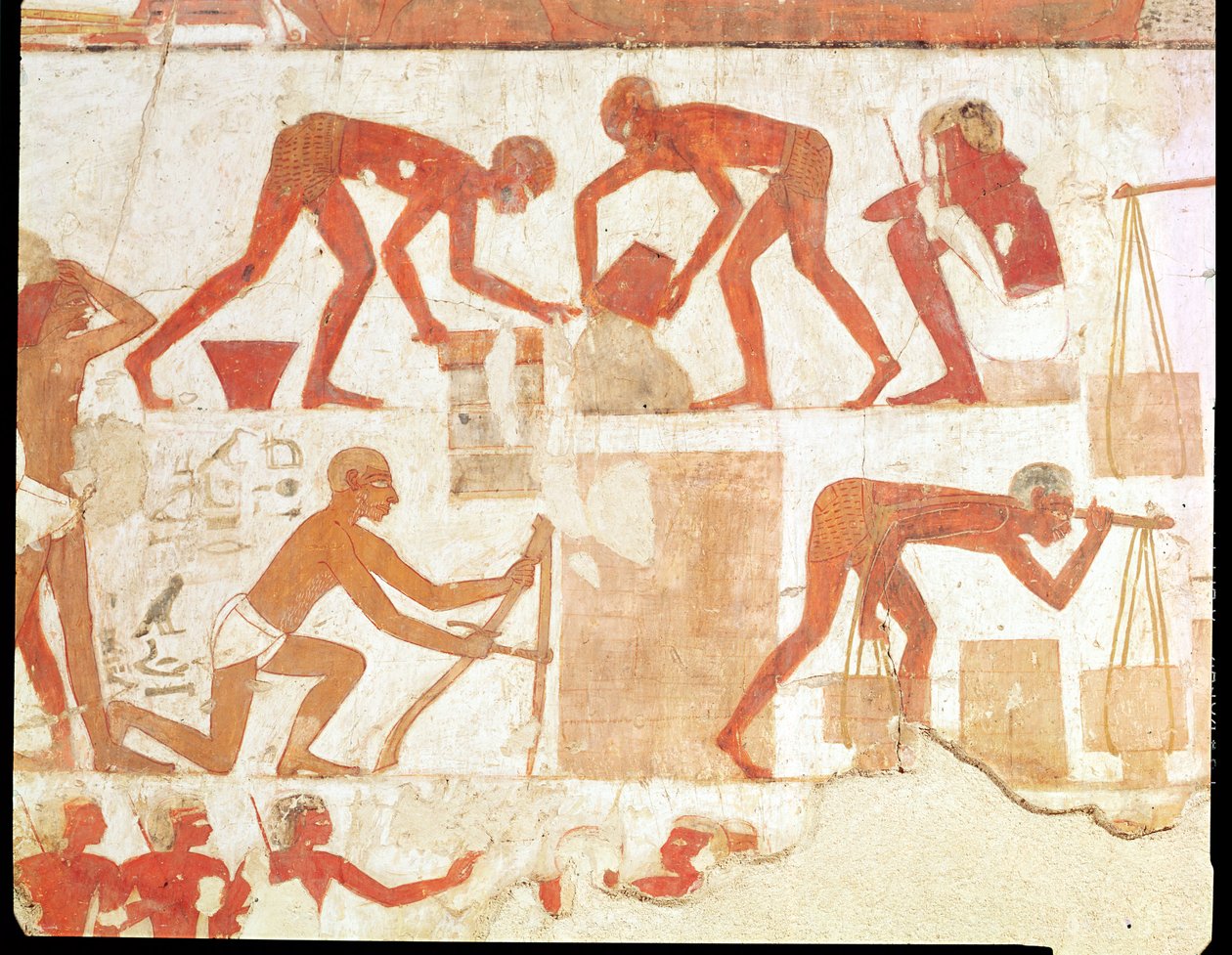 Construção de uma parede, do túmulo de Rekhmire, vizir de Tuthmosis III e Amenhotep II, Novo Reino (pintura de parede) (ver 202228 para detalhes)polonês autorstwa Egyptian 18th Dynasty