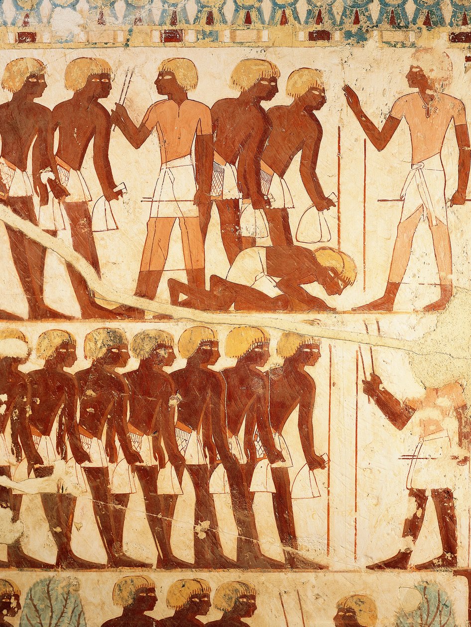 Fragment fresków przedstawiających armię otrzymującą racje żywnościowe z Grobowca Userhat (TT56) autorstwa Egyptian 18th Dynasty