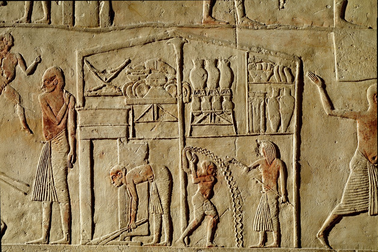 Starożytność egipska: „” żywność jest przechowywana w magazynach””” Płaskorzeźba zdobiąca grób wyższego urzędnika XVIII dynastii. Muzeum Archeologiczne w Bolonii autorstwa Egyptian 18th Dynasty