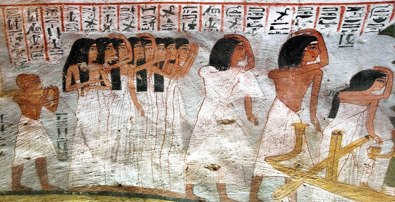 Starożytność egipska: procesja płaczu. Malowanie grobowca Roy autorstwa Egyptian 18th Dynasty