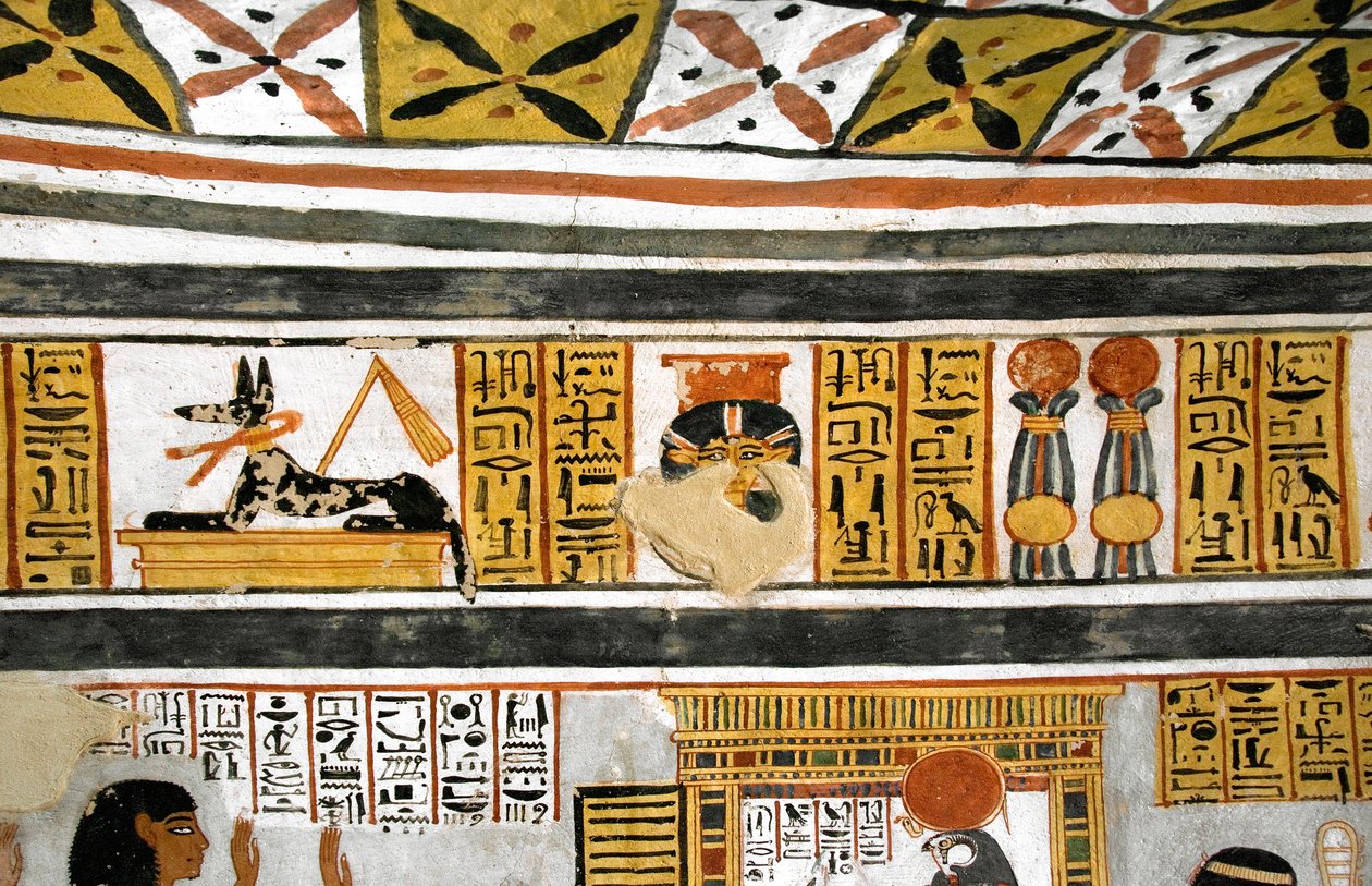 Starożytność egipska: przedstawienie Anubisa, Hathor i hieroglifów. Malowanie grobowca Roy autorstwa Egyptian 18th Dynasty