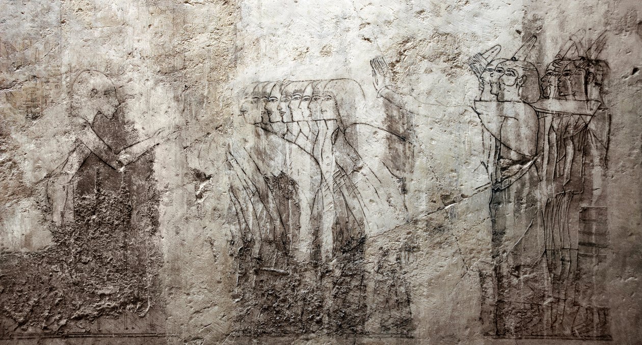 Starożytność egipska: niedokończone rysunki zdobiące Grobowiec Wezyra Ramose (XVIII dynastia). Luksor, Zachodni Brzeg, Grobowiec Szlachty Egipt autorstwa Egyptian 18th Dynasty