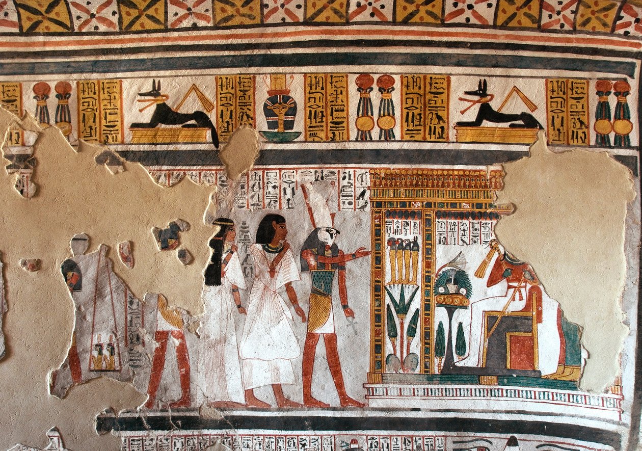 Egipskie antyki: Horus prowadzi Roya i jego żonę do Ozyrysa. Fragmenty fresku z Grobowca Roya (TT255). XVIII dynastia. Z Zachodniego Brzegu Luksoru, Egipt autorstwa Egyptian 18th Dynasty