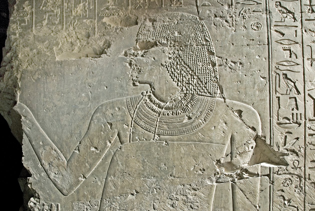 Egipskie antyki: przedstawienie wezyra Ramose. Płaskorzeźba jego grobowca (XVIII dynastia). Luksor, Teby, grób szlachciców Egipt autorstwa Egyptian 18th Dynasty