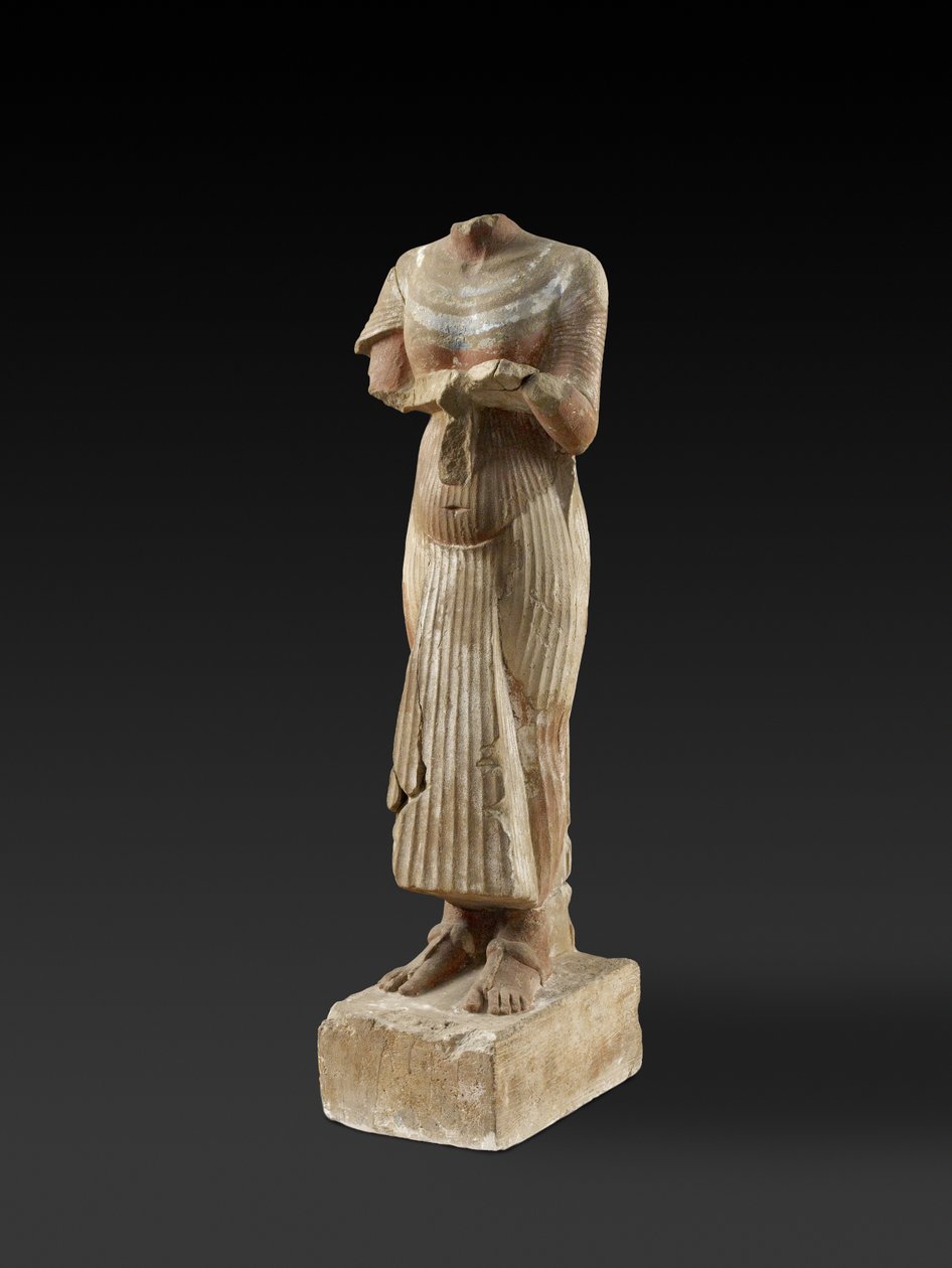 Figura faraona Echnatona trzymającego stół ofiarny (rzeźbiony i malowany piaskowiec) autorstwa Egyptian 18th Dynasty