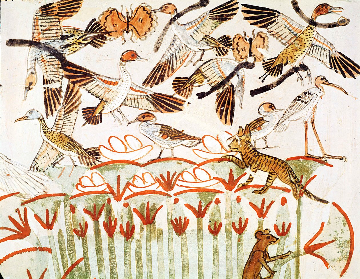 Łowienie ryb i ptactwo na bagnach, fragment ptaków, z kaplicy grobowej Menny, Nowe Królestwo (malowidło ścienne) autorstwa Egyptian 18th Dynasty