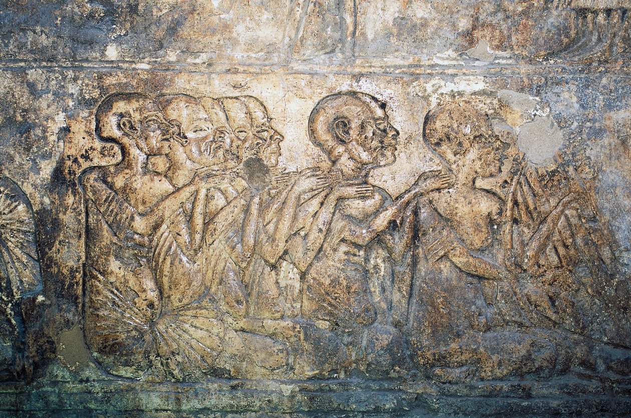 Ulkomaalaiset vieraat jakavat lahjoja kuningatar Nefertitille, bareljeef Meriren haudasta, Tell el-Amarnan hautausmaa, Egypti, Egyptin sivilisaatio, Uusi kuningaskunta, dynastia XVIII Puola autorstwa Egyptian 18th Dynasty