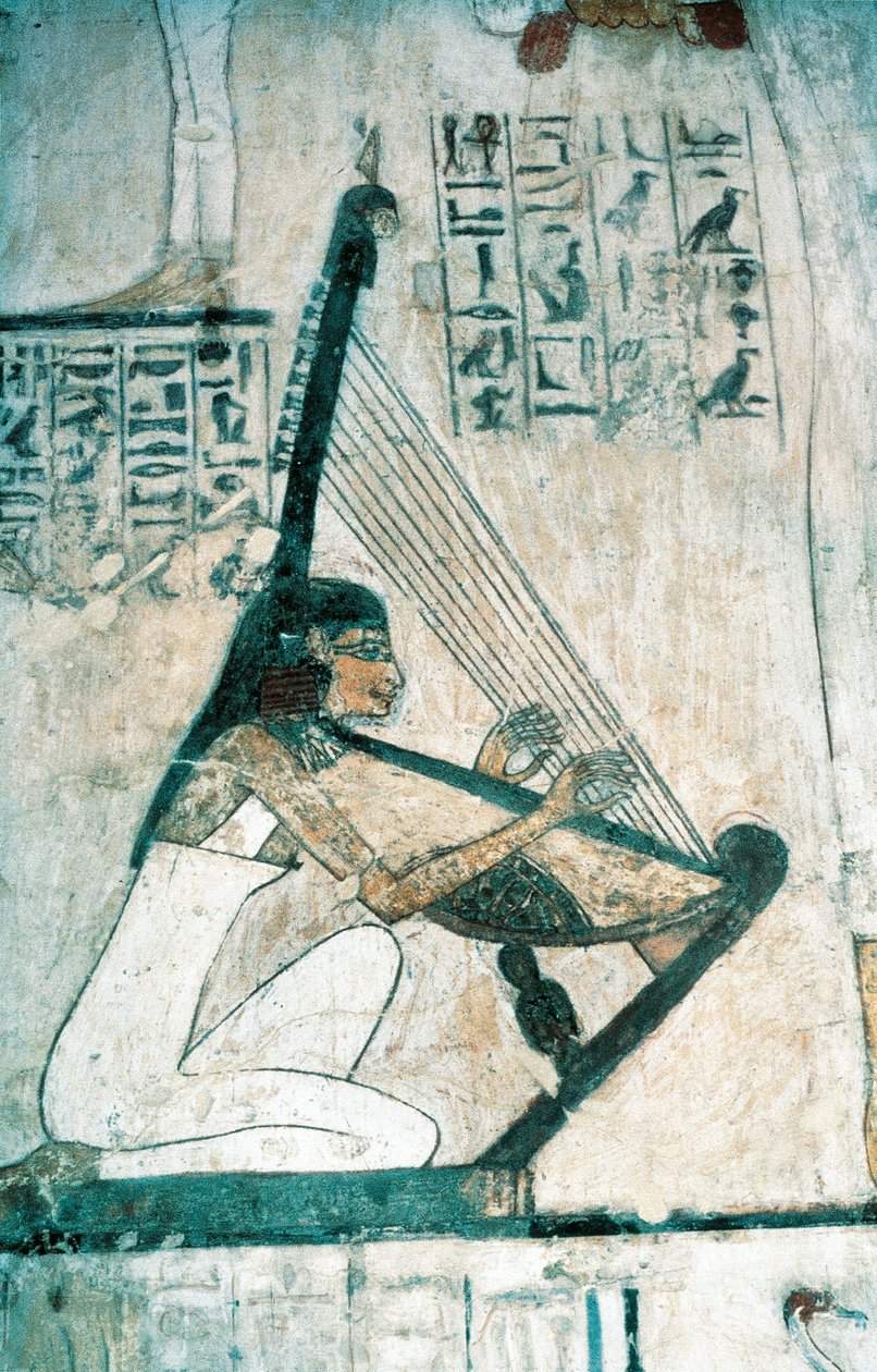 Freski przedstawiające scenę uczty pogrzebowej z udziałem harfisty z Nowego Państwa autorstwa Egyptian 18th Dynasty