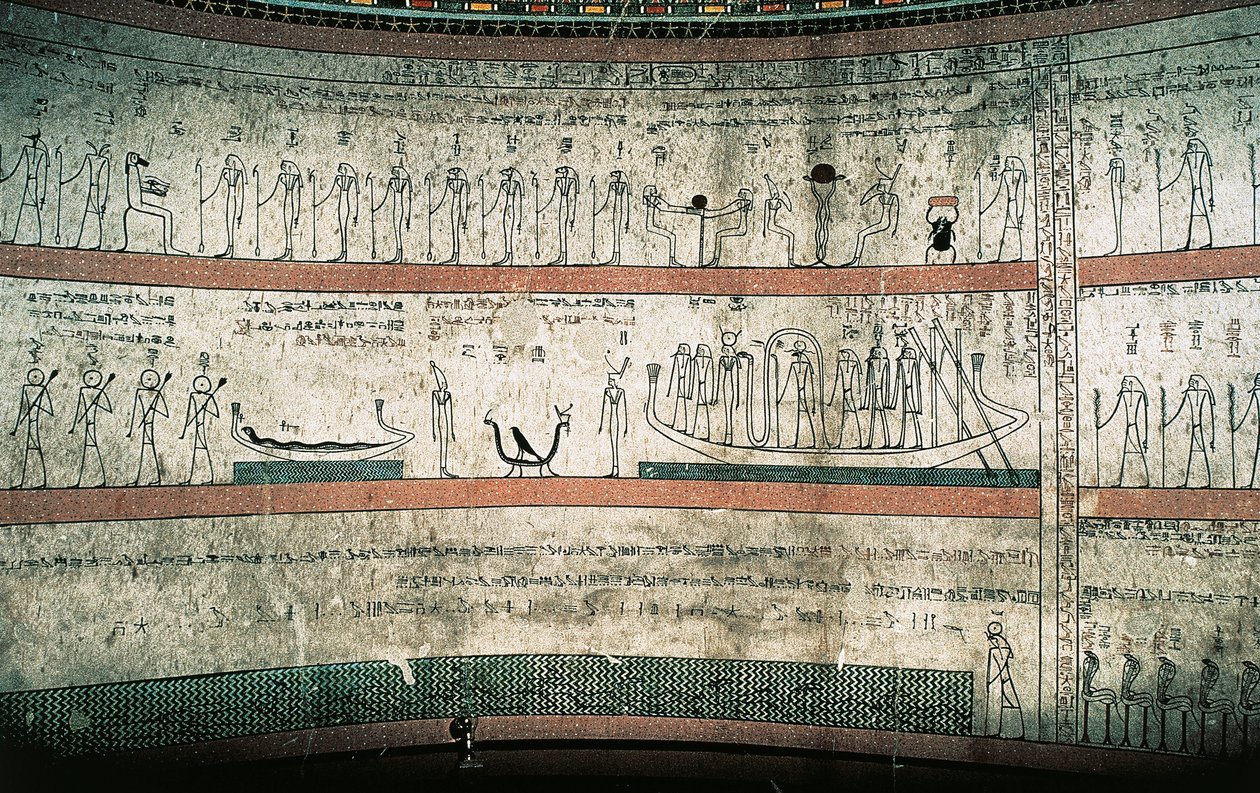 Freski przedstawiające Księgę Amduat, Podróż łodzi słonecznej, na zachodniej ścianie komór grobowych autorstwa Egyptian 18th Dynasty
