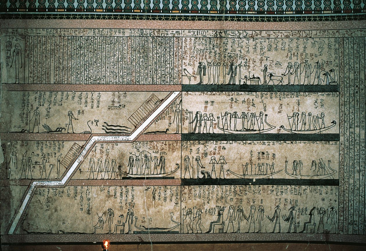 Freski przedstawiające Księgę Amduat, Podróż łodzią solarną, na wschodniej ścianie komór grobowych autorstwa Egyptian 18th Dynasty