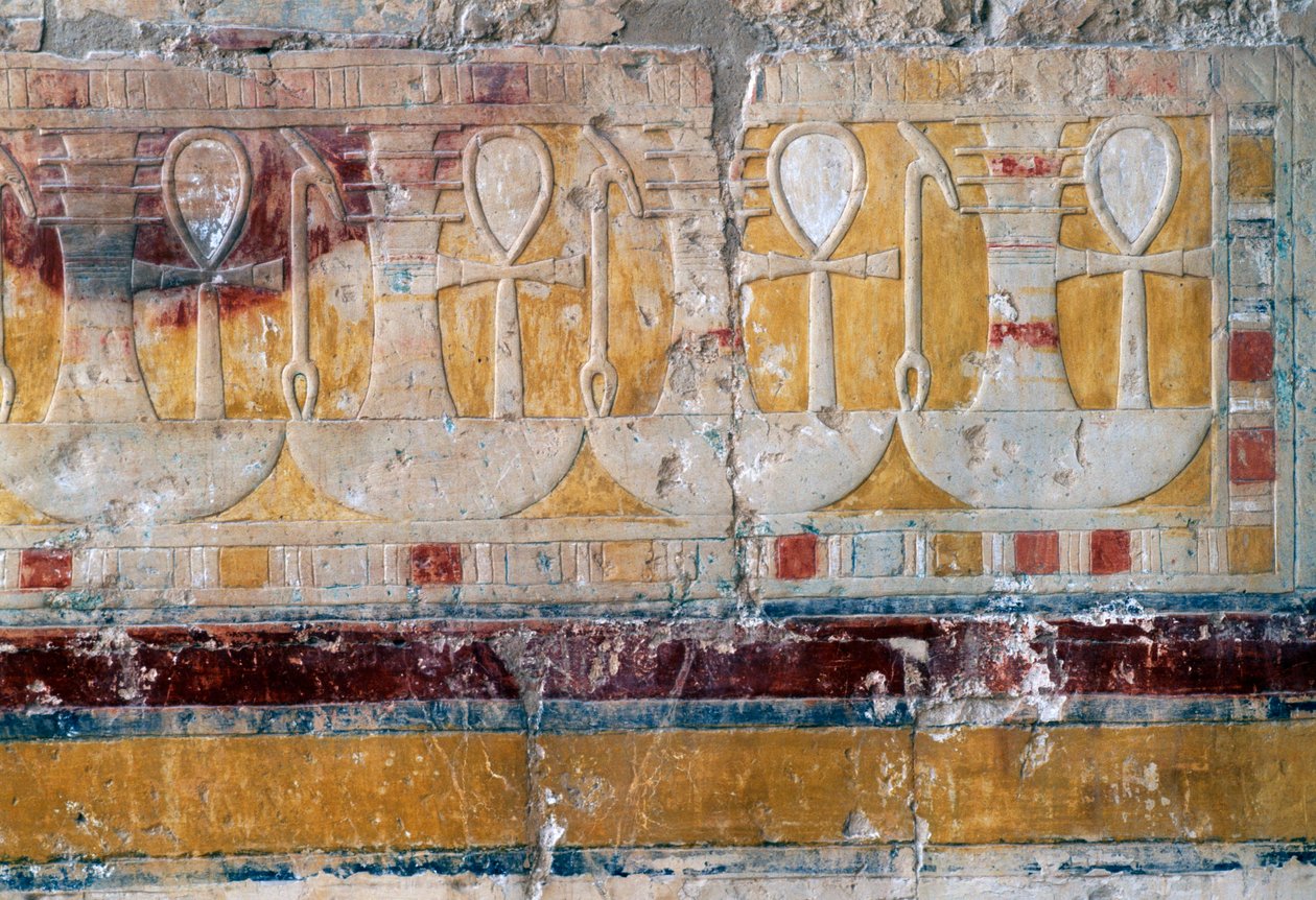 Fryz z życzącymi hieroglifami, świątynia grobowa Hatszepsut, Deir el-Bahari, nekropolia tebańska (lista światowego dziedzictwa UNESCO) autorstwa Egyptian 18th Dynasty