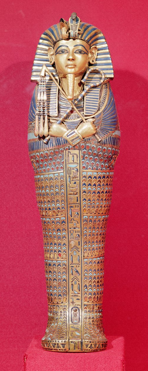 Widok z przodu jednej z trumien kanopskich, z grobowca Tutanchamona (ok. 1370-1352 pne) Nowe Królestwo (pobite złoto inkrustowane kolorowym szkłem i karneolem) (patrz także 227990-92) autorstwa Egyptian 18th Dynasty