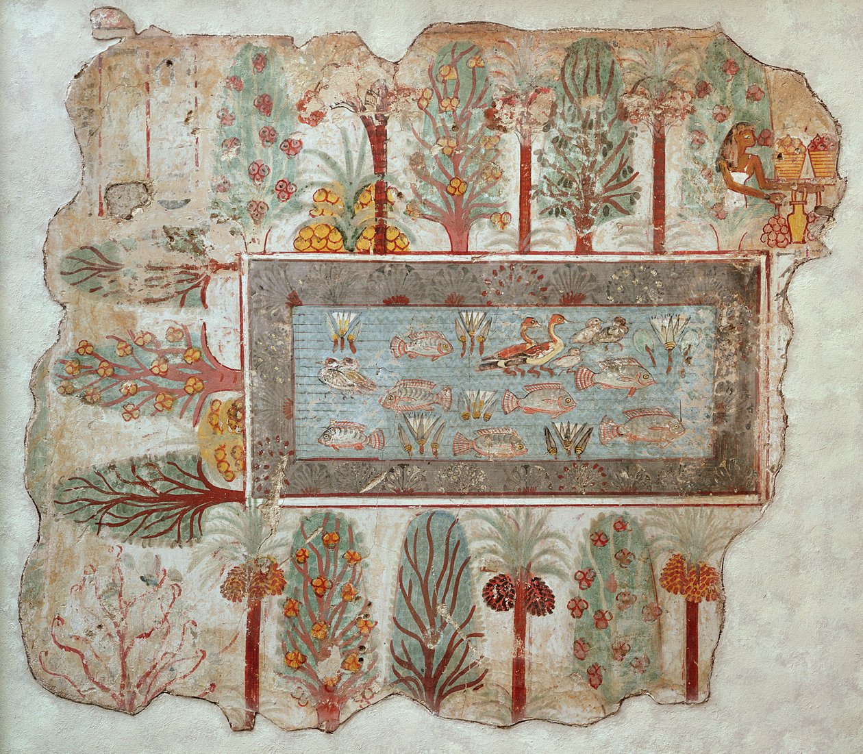 Ogród prywatnej posiadłości z ozdobnym basenem, fragment malowidła ściennego z Grobowca Nebamuna, Teby, Nowe Państwo, ok. 1350 pne (tynk malowany) autorstwa Egyptian 18th Dynasty