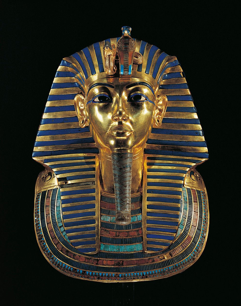 Złota maska ​​​​nagrobna Tutanchamona (1347/1338 p.n.e.) inkrustowana lapis lazuli, obsydianem i turkusem autorstwa Egyptian 18th Dynasty