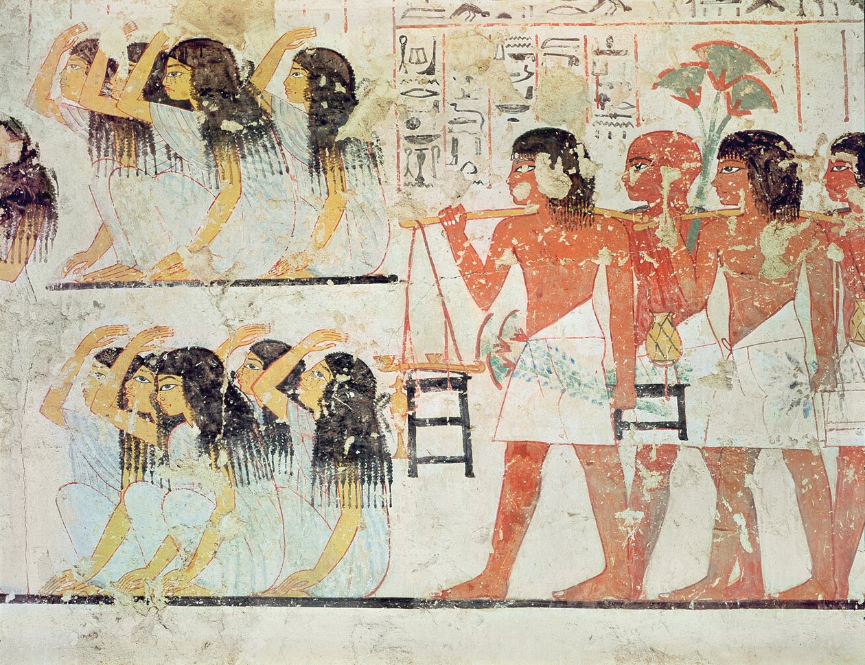 Grupa żałobników w procesji pogrzebowej Ramose, z kaplicy grobowej Ramose, Nowe Królestwo, ok. 1360 pne (malowidło ścienne) autorstwa Egyptian 18th Dynasty