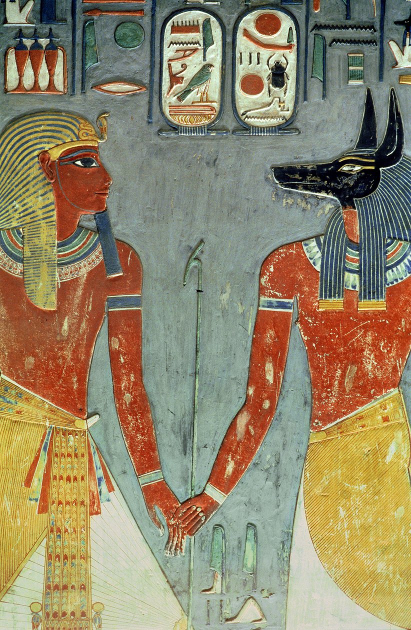 Horemheb i Anubis, z grobowca Horemheba (ok. 1323-1295 pne) Nowe Królestwo (malarstwo ścienne) autorstwa Egyptian 18th Dynasty