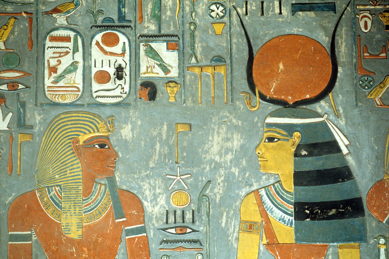 Horemheb i Hathor, z grobowca Horemheba (ok. 1323-1295 pne) Nowe Królestwo (malarstwo ścienne) (szczegóły z 218340) autorstwa Egyptian 18th Dynasty