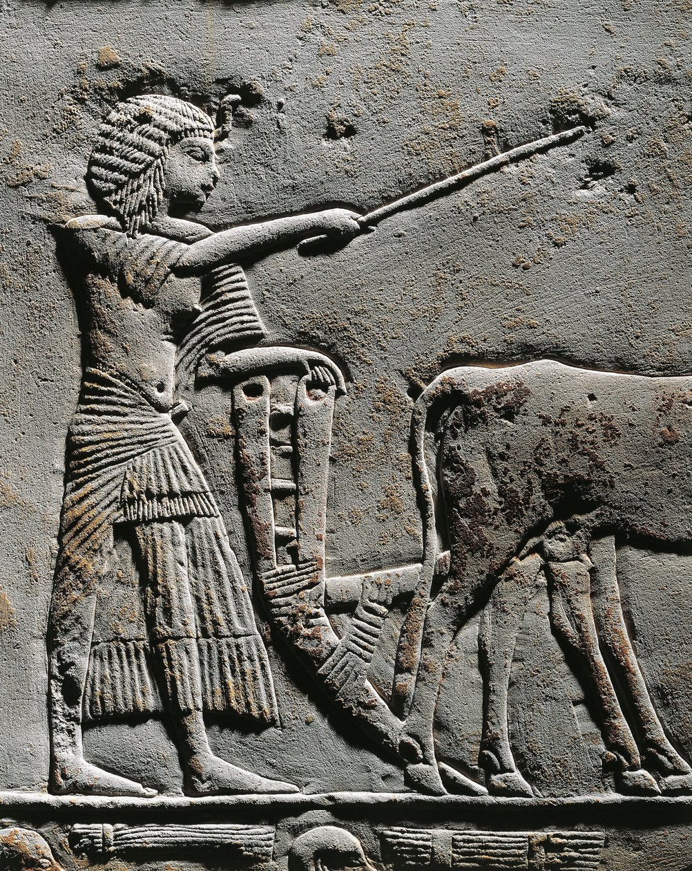 Horemheb orzący ziemię na Polach Iaru, relief z grobowca Horemheba w Sakkarze, detal autorstwa Egyptian 18th Dynasty