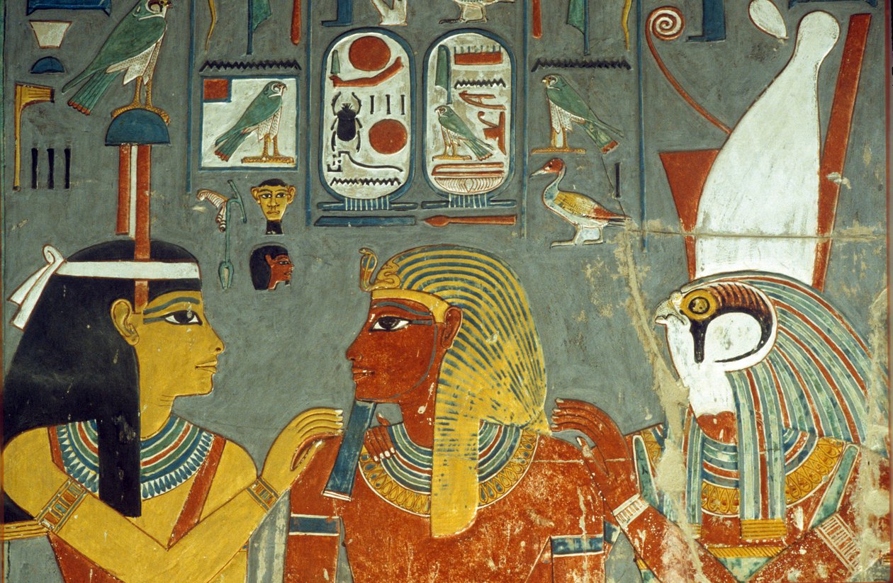 Horus, Horemheb i Hathor, z grobowca Horemheba (ok. 1323-1295 pne) Nowe Królestwo (malarstwo ścienne) autorstwa Egyptian 18th Dynasty