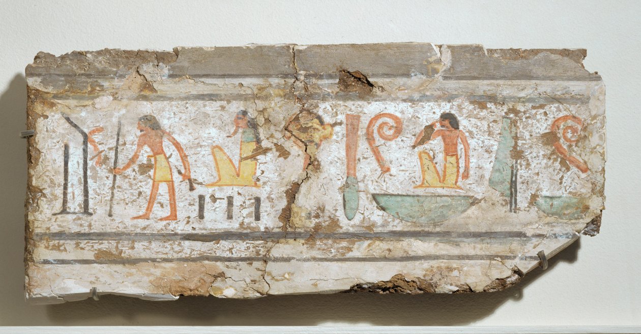Inskrypcja ze szczególnie wyraźnymi hieroglifami: mężczyzna z laską, brodaty bóg w kucki, mężczyzna z ręką przy ustach ... autorstwa Egyptian 18th Dynasty