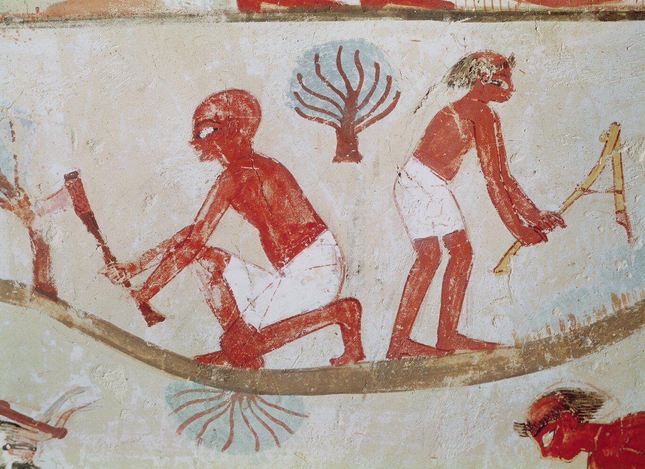 Robotnik i drwal przy pracy, z grobowca Nachta, Nowe Królestwo (malarstwo ścienne) autorstwa Egyptian 18th Dynasty