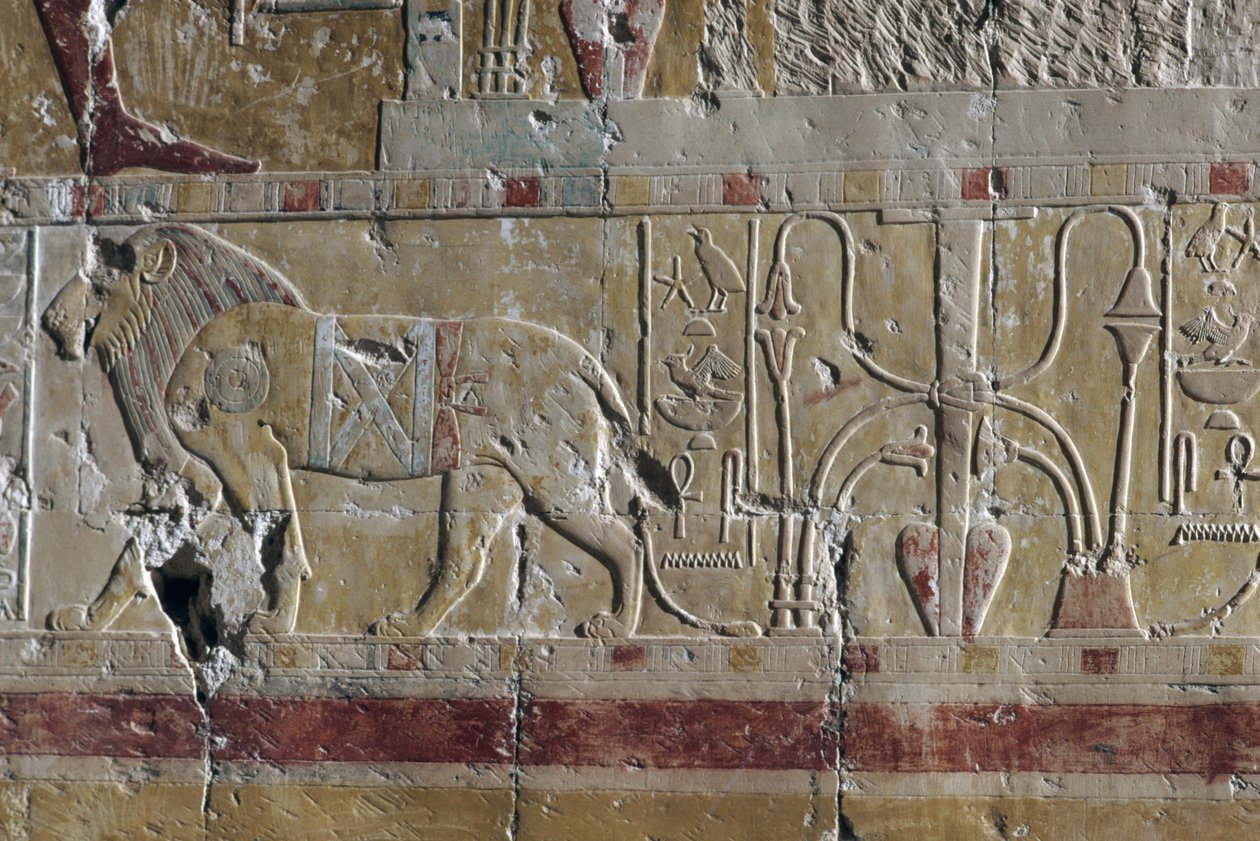 Lew, relief, grobowiec Świątynia Hatszepsut, Deir el-Bahari, Nekropolia Tebańska (Lista światowego dziedzictwa UNESCO) autorstwa Egyptian 18th Dynasty