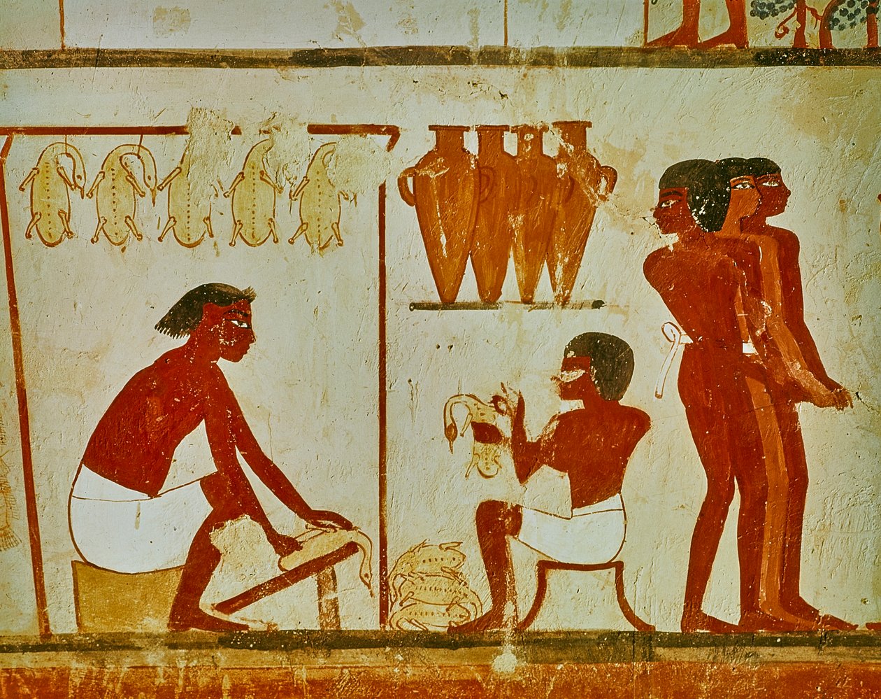 Przetwórstwo mięsne ptaków, fragment z grobowca Nachta, ok. 1390 pne (malowidło ścienne) autorstwa Egyptian 18th Dynasty