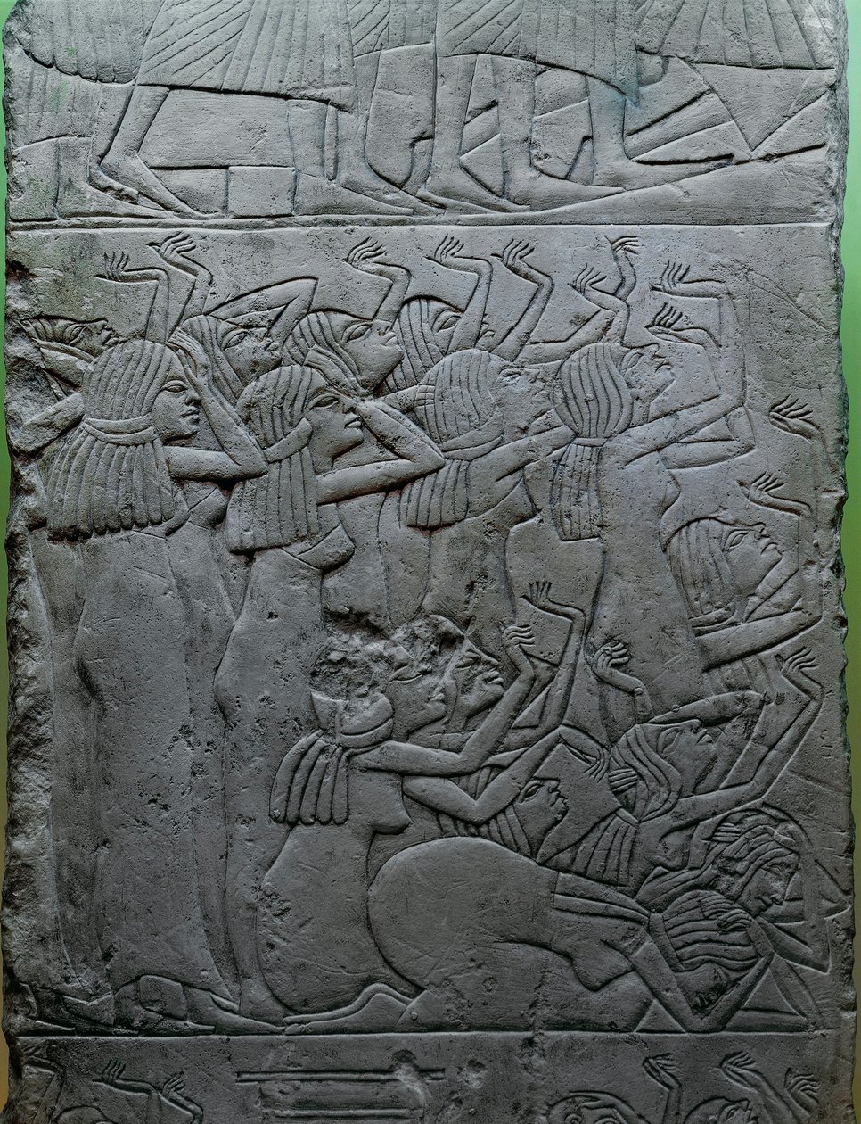 Malowany wapienny relief przedstawiający żałobny lament nad faraonem, z grobowca króla Horemheba autorstwa Egyptian 18th Dynasty