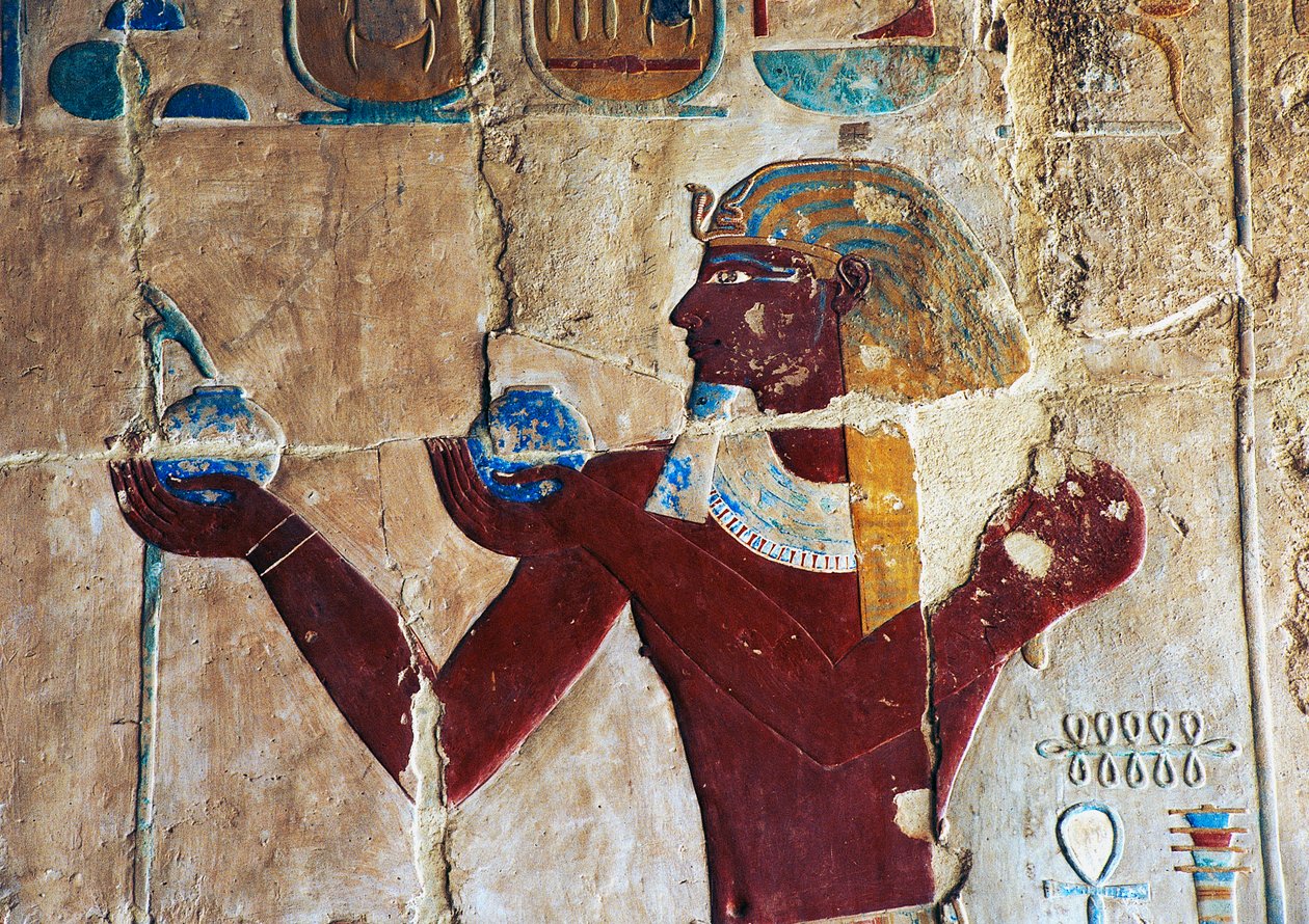 Malowana płaskorzeźba Thutmose ofiarowującego wino Sokarisowi, Świątynia grobowa Hatszepsut, Deir el-Bahari, Luksor, Teby (Lista światowego dziedzictwa UNESCO) autorstwa Egyptian 18th Dynasty