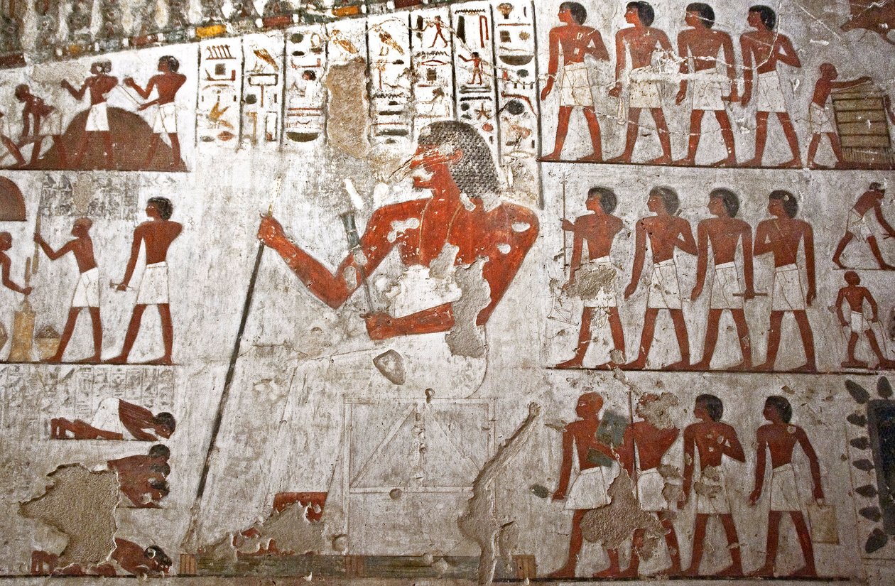 Malowidło zdobiące nagrobek Rechmira, reprezentowanego w otoczeniu jego sług (fresk) autorstwa Egyptian 18th Dynasty