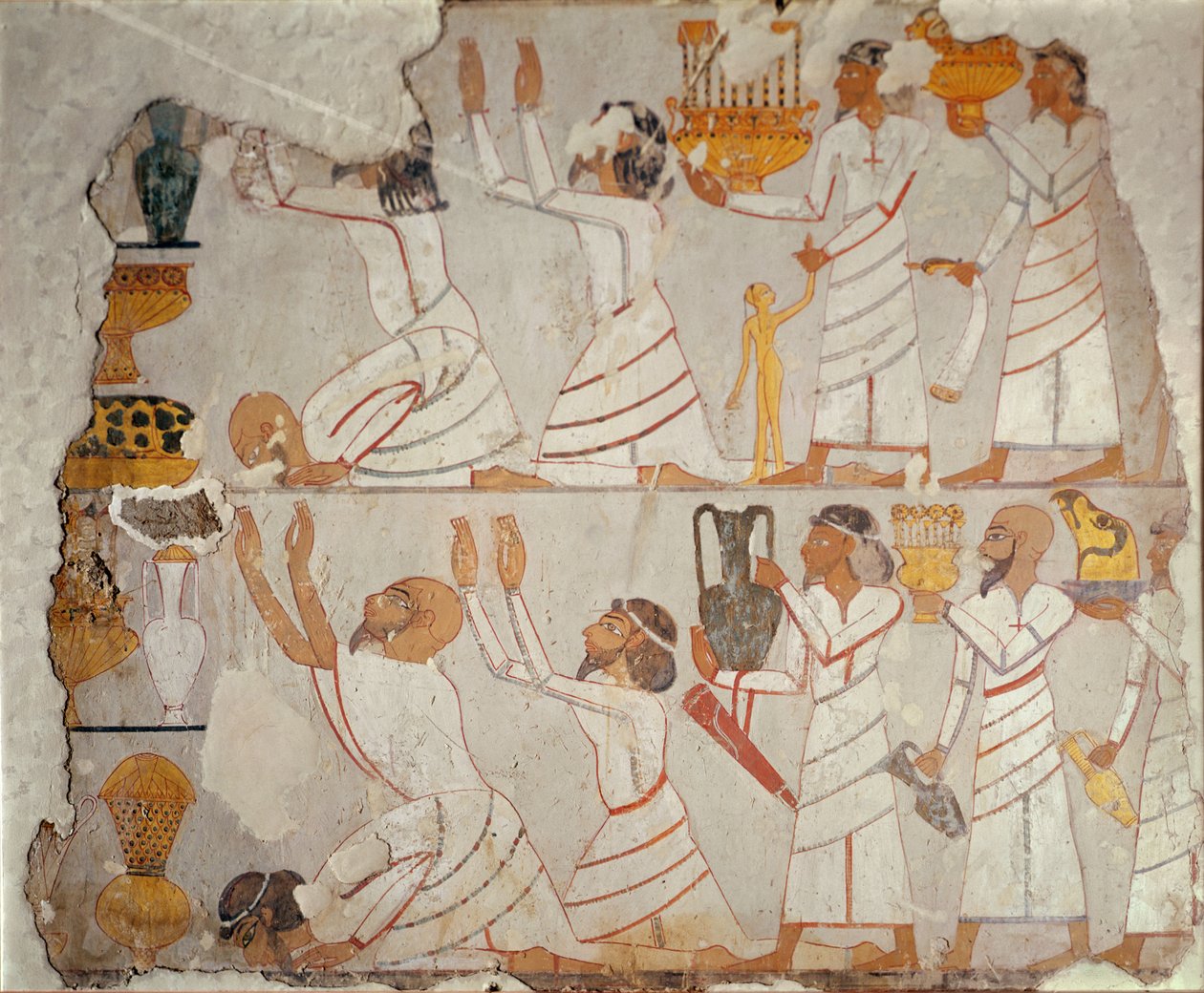 Część malowanej ściany grobowca przedstawiająca azjatyckich nosicieli daniny, ok. 1400 pne (malowany tynk na kamieniu) autorstwa Egyptian 18th Dynasty