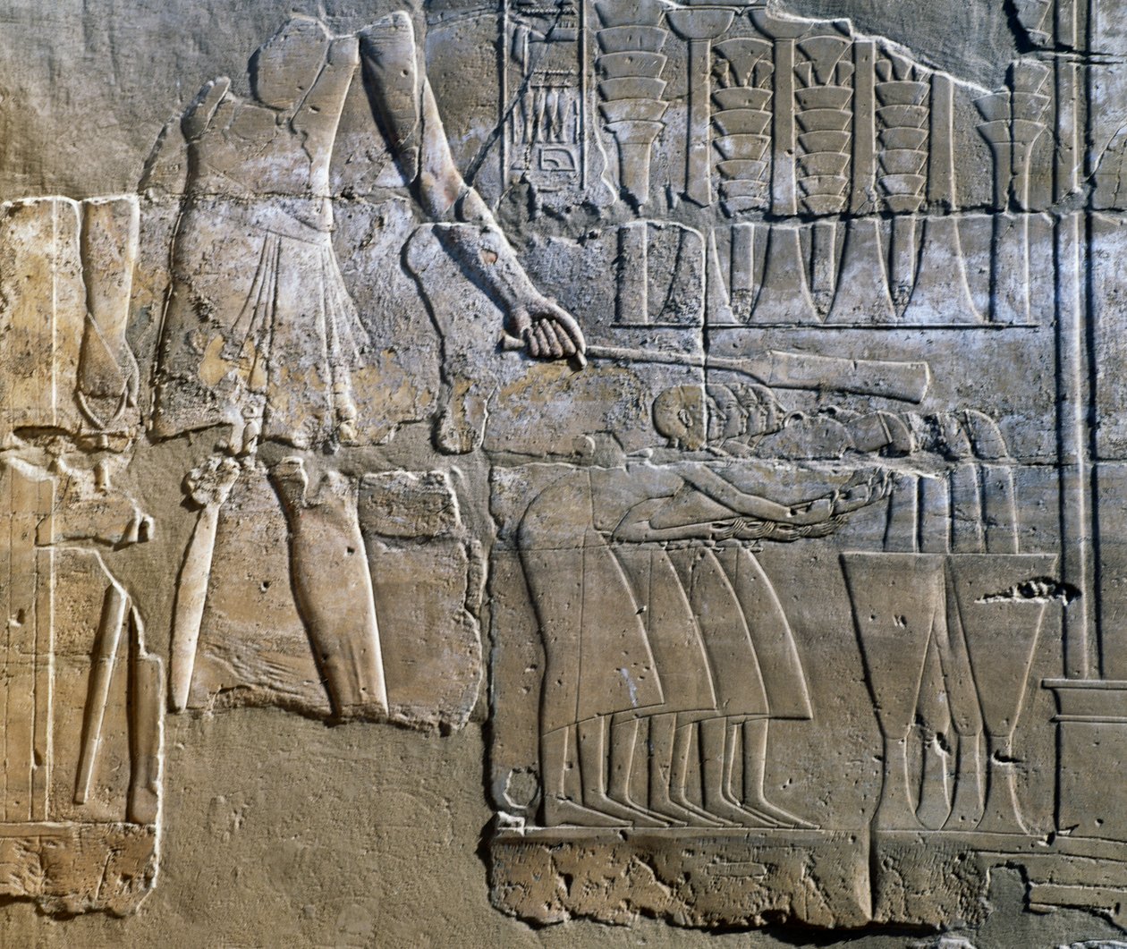 Kapłan nadzorujący pracę kobiet, relief ścienny, kolumnada świątyni Amona (lista światowego dziedzictwa Unesco) autorstwa Egyptian 18th Dynasty