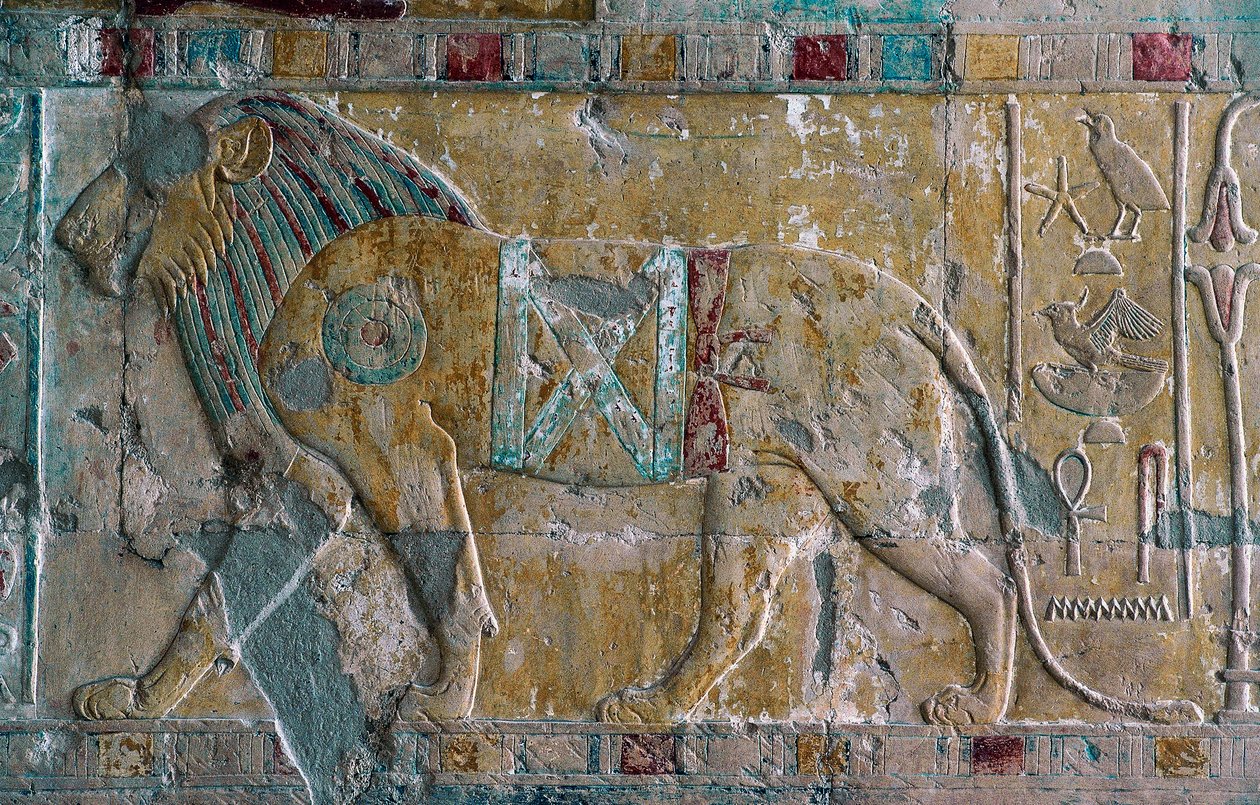 Relief przedstawiający Hatszepsut jako lwa, świątynia grobowa Hatszepsut, Deir el-Bahari, Luksor, Teby (lista światowego dziedzictwa UNESCO) autorstwa Egyptian 18th Dynasty