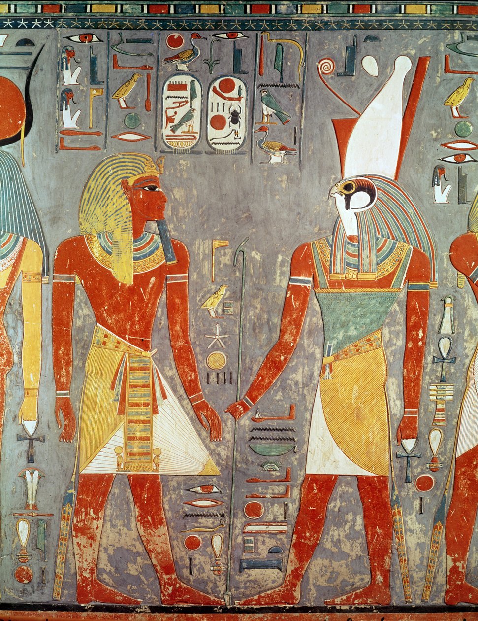 Relief przedstawiający Horemheba (ok. 1323-1295 pne) przed Horusem, z jego grobowca, Nowe Królestwo (malowany wapień) autorstwa Egyptian 18th Dynasty