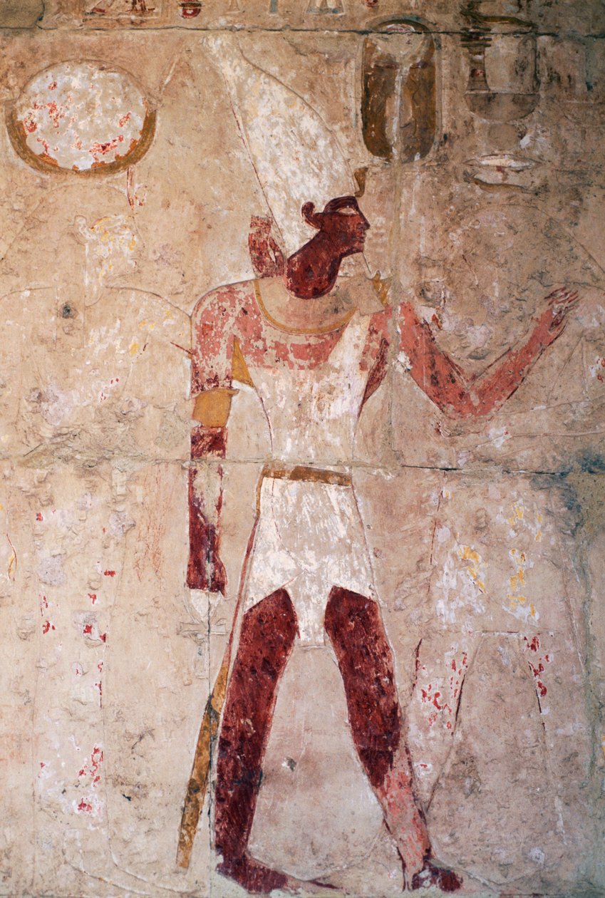Relief przedstawiający Thutmose III w koronie Dolnego Egiptu, świątynia grobowa królowej Hatszepsut, Deir el-Bahri, nekropolia tebańska (lista światowego dziedzictwa UNESCO) autorstwa Egyptian 18th Dynasty