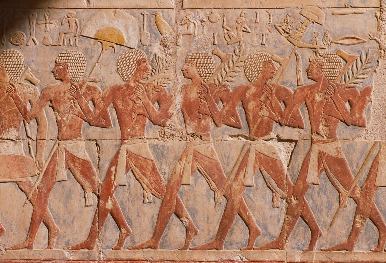 Relief przedstawiający paradę ku czci bogini Hathor, ze świątyni grobowej w Hatszepsut (ok. 1503-1482 pne) Nowe Królestwo (malowany wapień) (patrz także 226168) autorstwa Egyptian 18th Dynasty