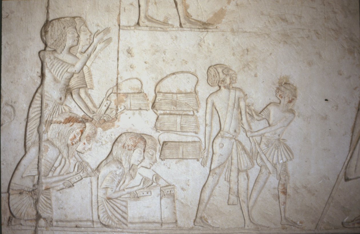 Relief przedstawiający skrybów przy pracy, z grobowca Horemheba (ok. 1323-1295 pne) Nowe Królestwo (malarstwo ścienne) (szczegóły patrz 218337) autorstwa Egyptian 18th Dynasty