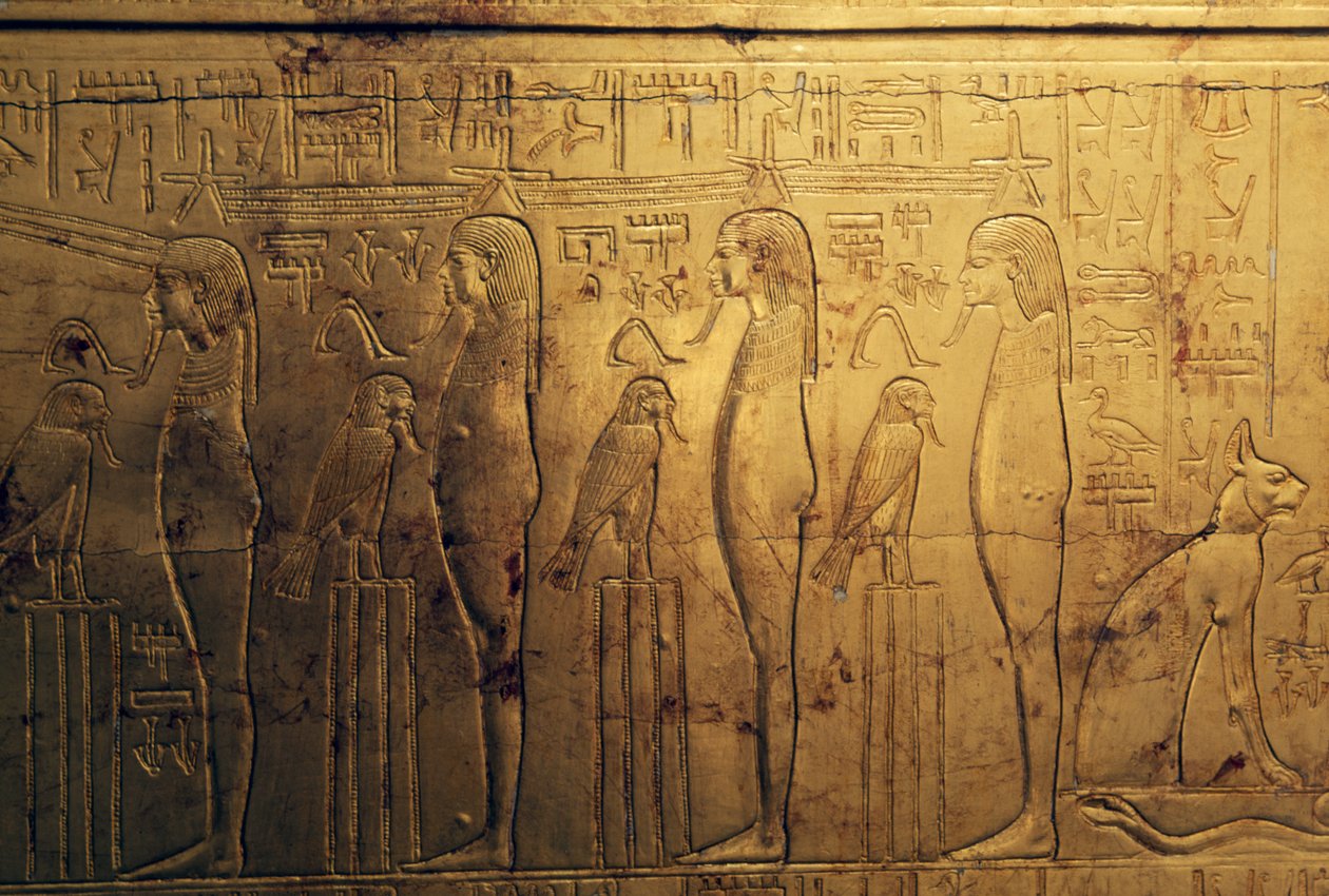 Reliefy z pierwszego rejestru zewnętrznego panelu drugiej kaplicy grobowej, Skarbiec Tutanchamona, Egipt, cywilizacja egipska, Nowe Państwo, XVIII dynastia autorstwa Egyptian 18th Dynasty