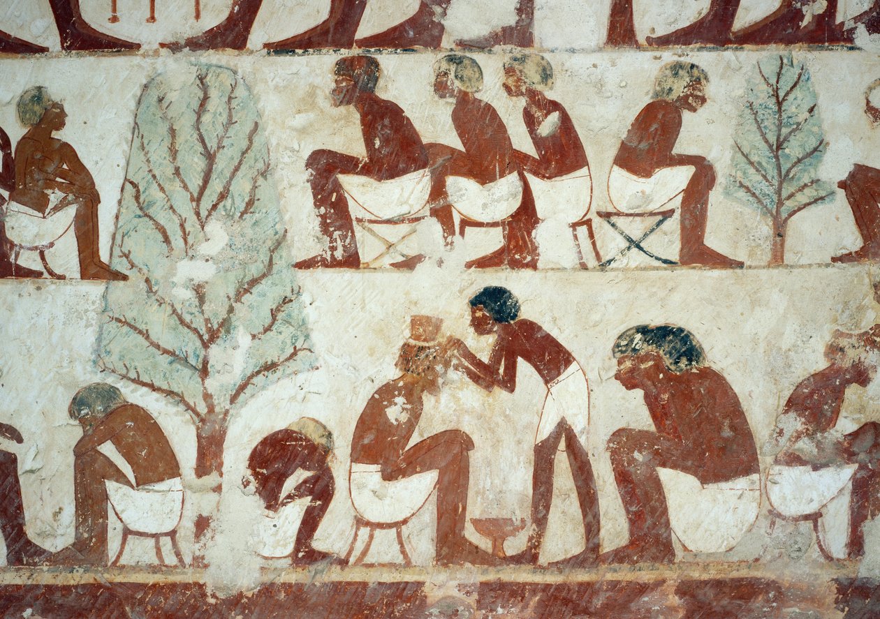 Żołnierze obcinający włosy, detal z fresków w Grobowcu Userhata, Nekropolia Szejka Abd el Qurnah, Luksor, Teby (Lista Światowego Dziedzictwa UNESCO autorstwa Egyptian 18th Dynasty