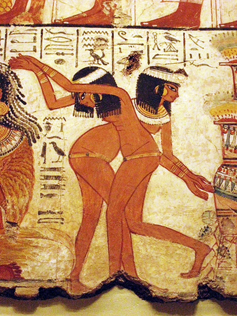 Mural świątynny przedstawiający dwie tańczące dziewczyny, Egipt (mural) autorstwa Egyptian 18th Dynasty