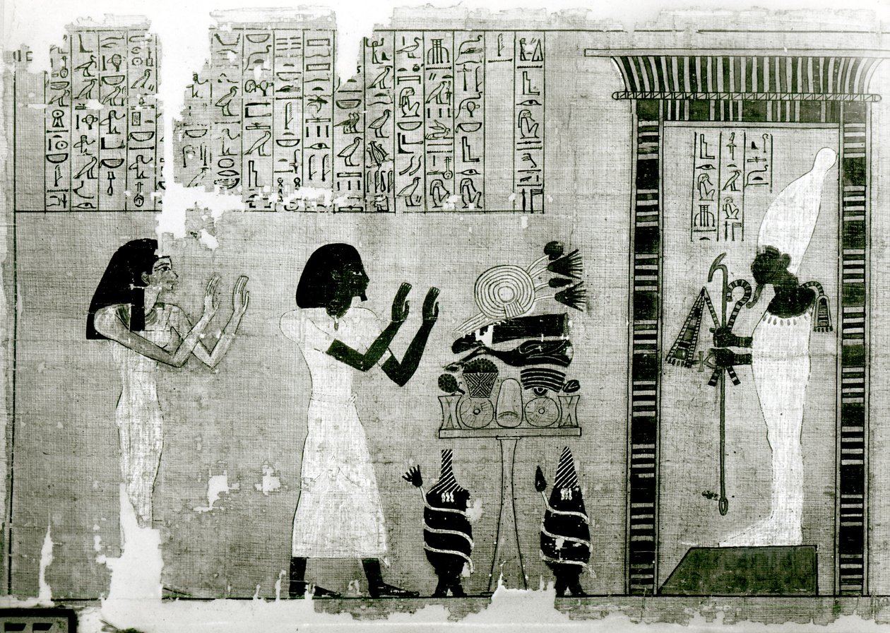 Zmarły wraz z siostrą udają się złożyć hołd Ozyrysowi, fragment z Księgi Umarłych, Nowe Królestwo (papirus) autorstwa Egyptian 18th Dynasty