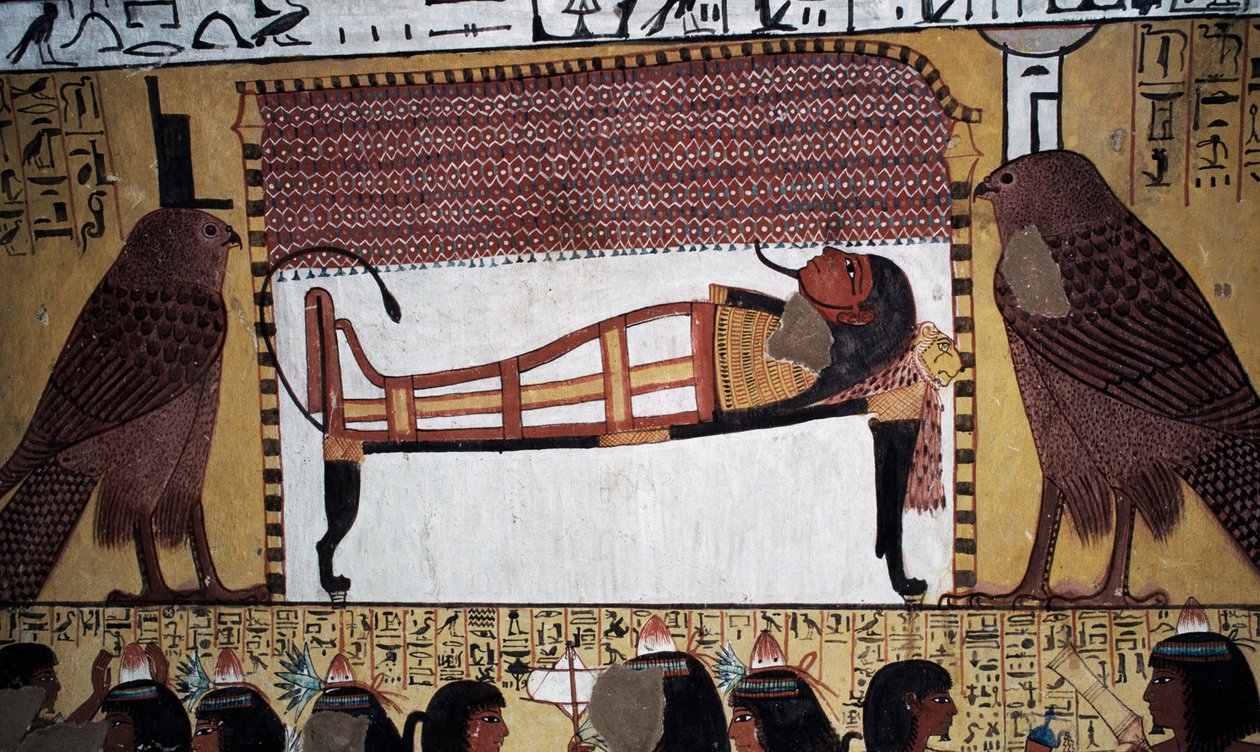 Złożenie zmarłych, malowidło ścienne, Grobowiec Sennedżema, Dolina Królów, Luksor, Teby (wpisane na Listę Światowego Dziedzictwa UNESCO) autorstwa Egyptian 18th Dynasty