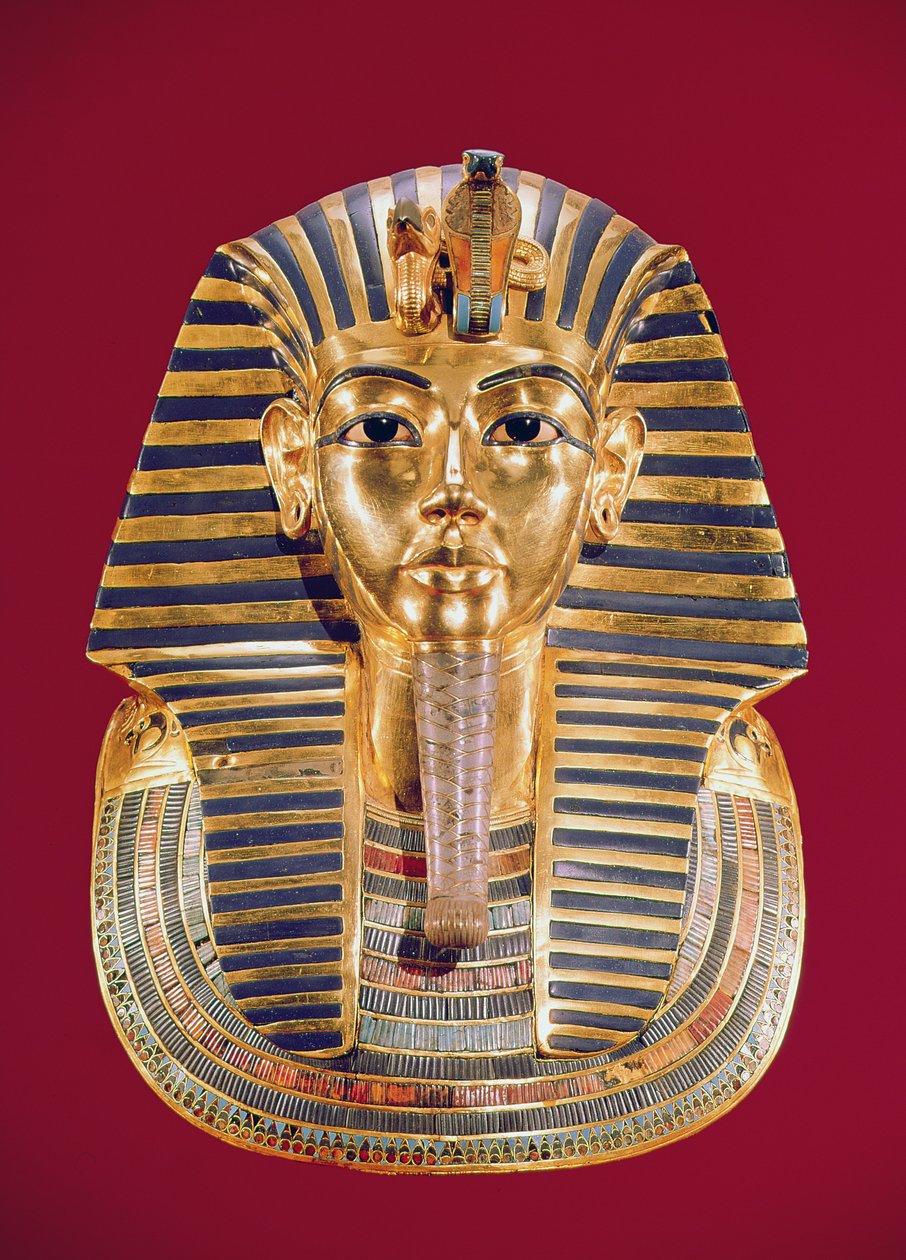Maska pogrzebowa Tutanchamona (ok. 1370-1352 pne) ok. 1336-1327 pne, Nowe Królestwo (złoto inkrustowane kamieniami półszlachetnymi) autorstwa Egyptian 18th Dynasty
